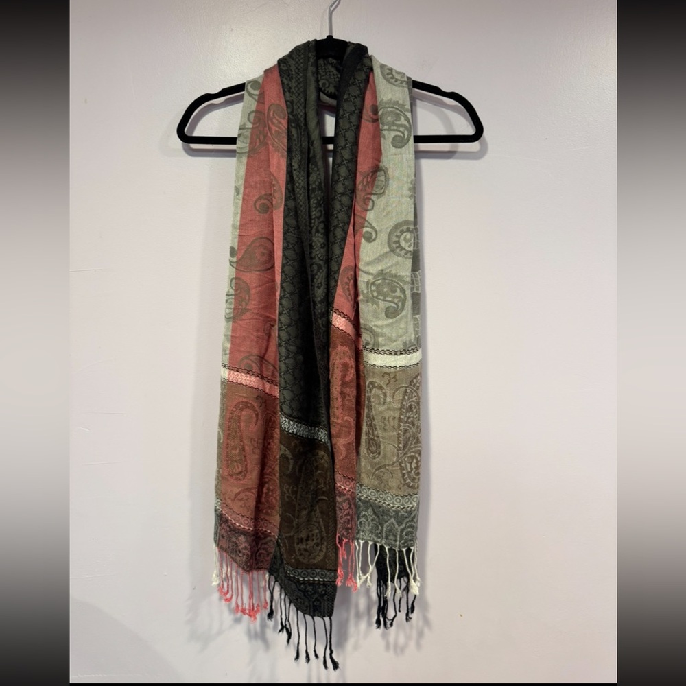 Paisley pink and grey fringe scarf